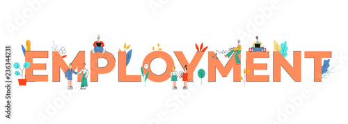 Vector female programmer sitting with legs crossed with laptop at huge employment letters, business man and woman give high five, colleagues arguing. Concept of communication, teambuilding in office