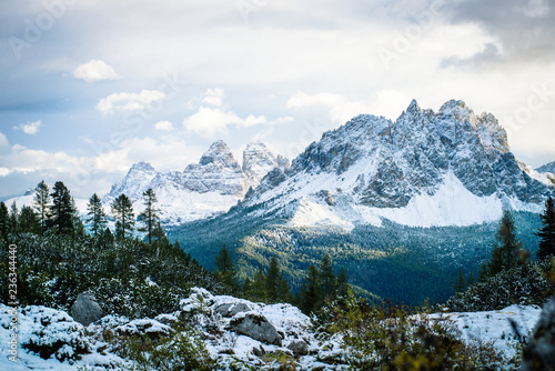 panoramic view of snowy mountain peak in winter, dolomites, italy