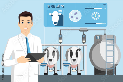 Quality control of milk on a dairy farm.  Milk analysis on a dairy farm. Technology Internet of Things in agriculture. Vector Illustration