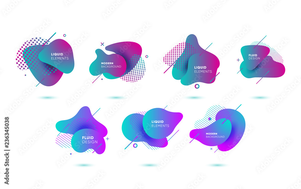 Dynamical colored graphic elements. Gradient abstract banners with flowing liquid shapes. Template for the design of a logo, flyer or presentation. Vector illustration.