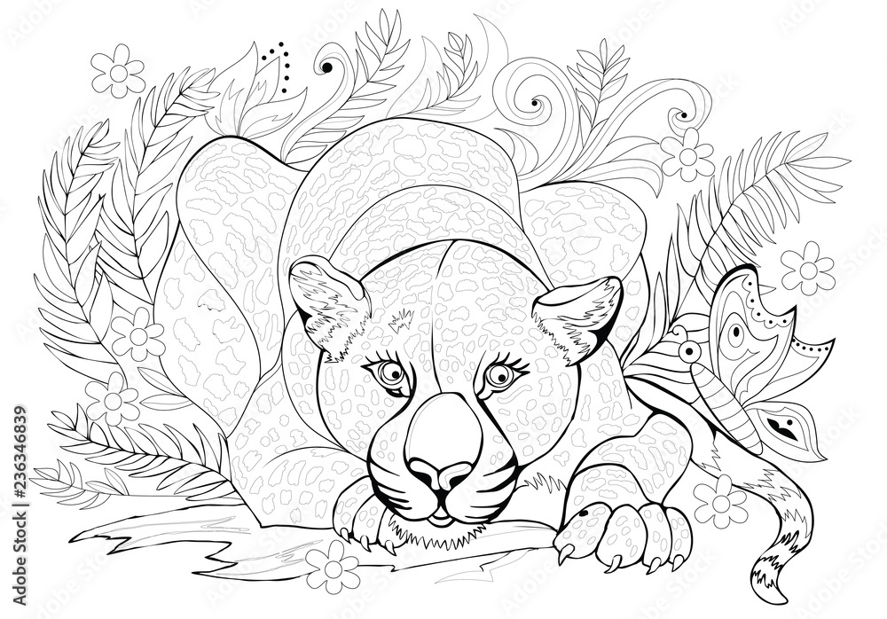 Black and white page for coloring book. Fantasy drawing of beautiful ...