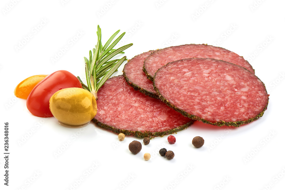 French salami slices with herbs and spices, isolated on a white background. Close-up