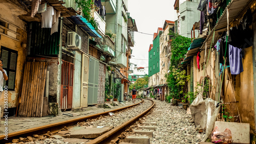A train track running through the street in Hanoi, Vietnam empty