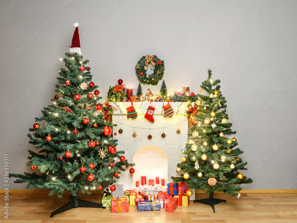 Decorated fireplace and Christmas tree