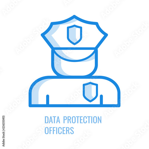 Data protection officer icon - blue outline symbol of abstract human silhouette in security uniform with shields isolated on white background. Vector illustration of gdpr concept.