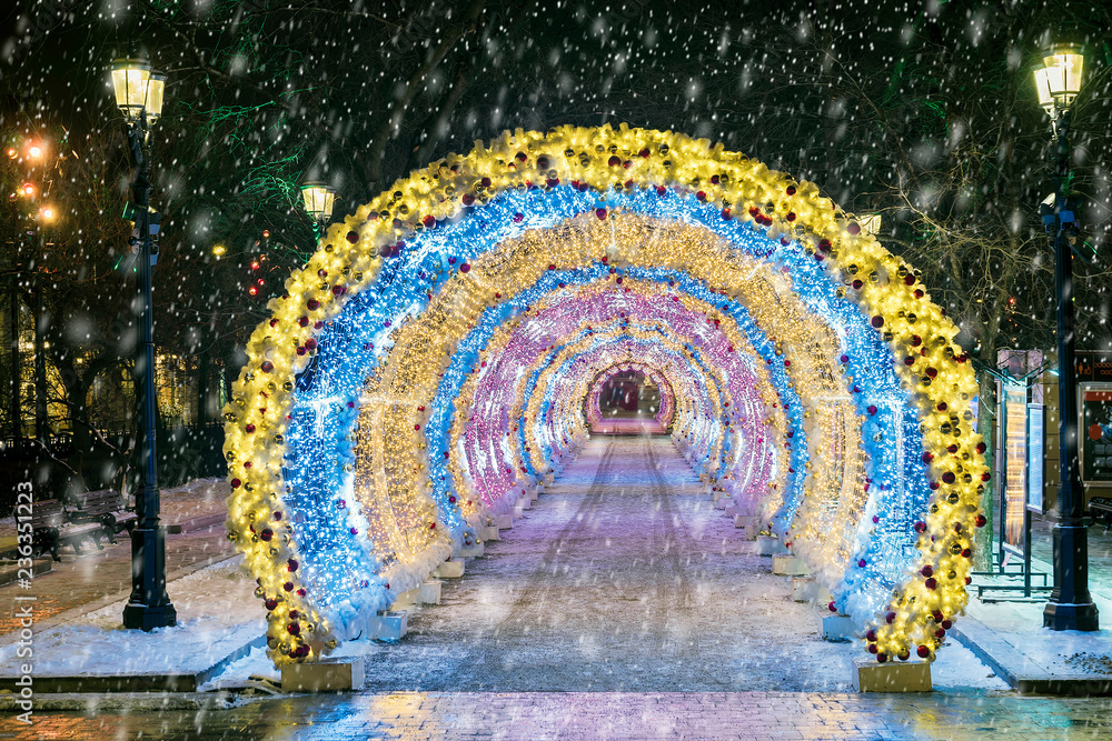 Christmas in Moscow. light tunnel on Tverskoy Boulevard in Moscow