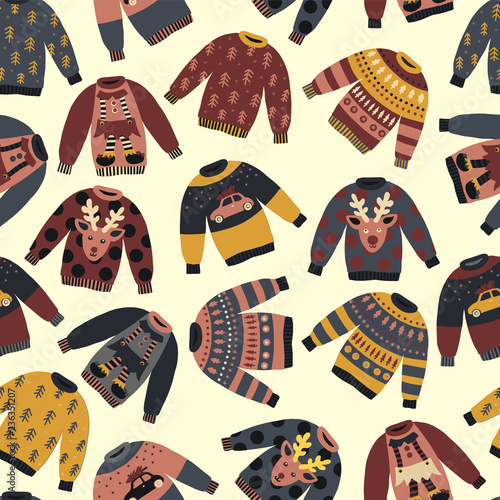 Christmas Holiday sweaters seamless vector pattern. Knitted ugly winter jumpers with norwegian ornaments and decorations. Vintage Christmas background for fabric, gift wrap, greeting cards, posters