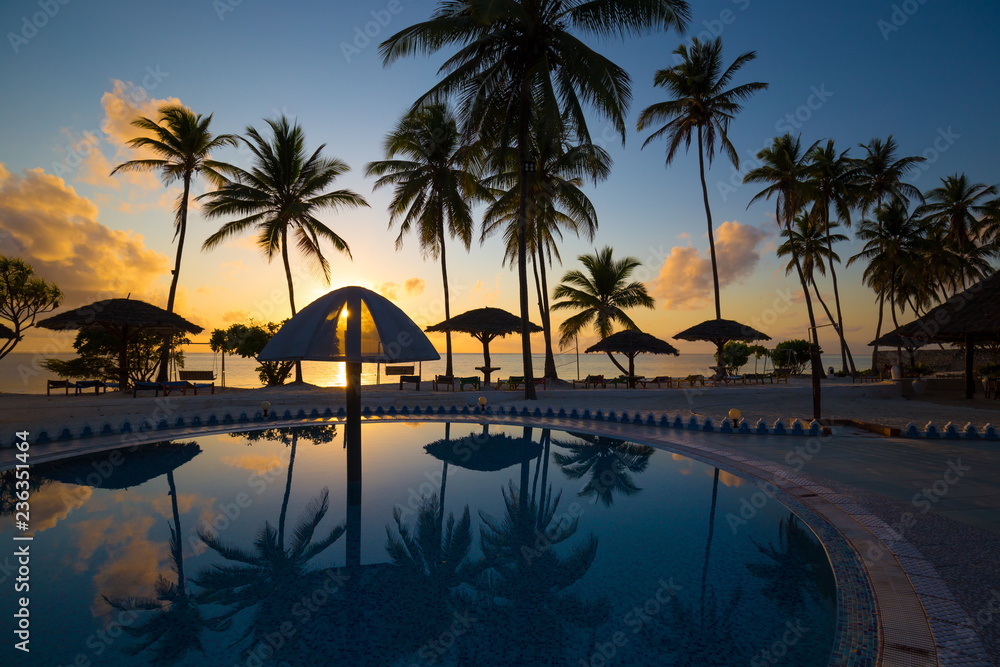 Zanzibar, landscape sea, palms beach, sunset