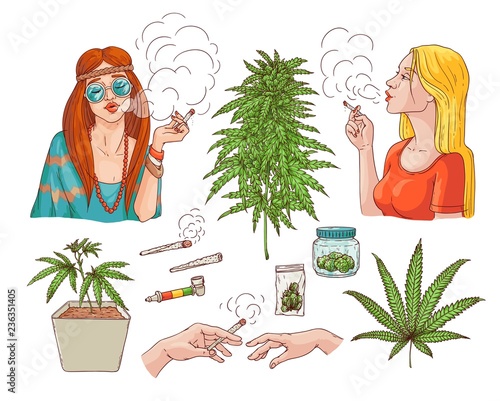 Vector cannabis smoking sketch collection. Hippie girl with weed joint, hemp spliff, young woman with cigarette, marijuana plant in pot, buds in package, hands with bong. Isolated illustration