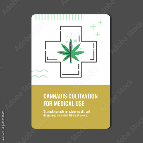 Cannabis cultivation for medical use vertical banner with line icon of medicinal cross with marijuana leaf - isolated vector illustration of legalization and pharmacy use of hemp concept.