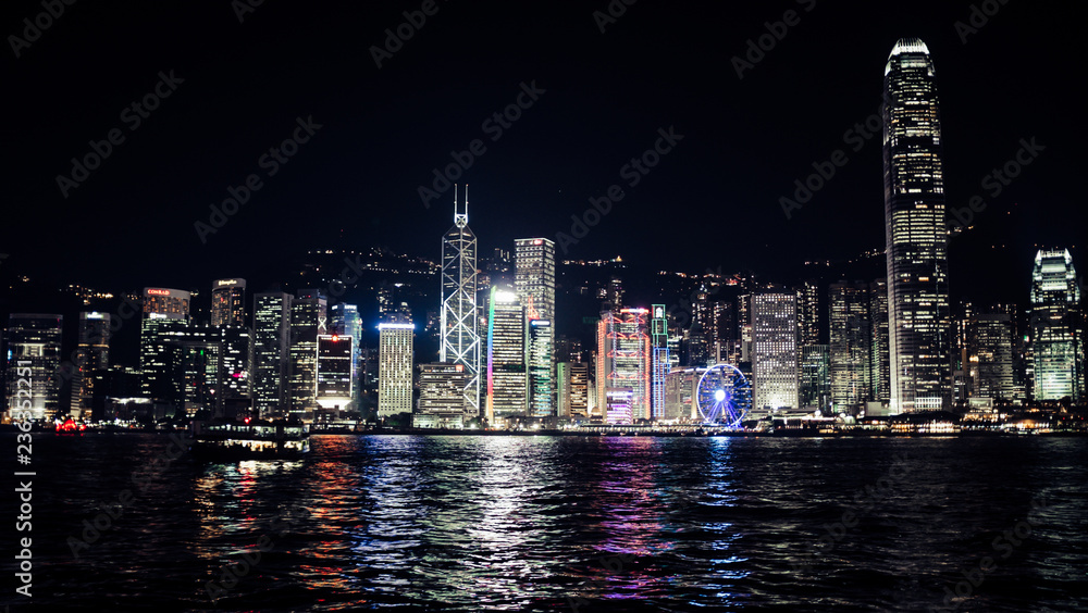 Night view of the Hong Kong skyline from the bay