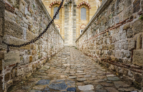 A view from Selimiye Mosque (Camii) entrance, designed by Mimar Sinan in 1575. Edirne, Turkey. The UNESCO World Heritage Site Of The Selimiye Mosque. © Seda Servet