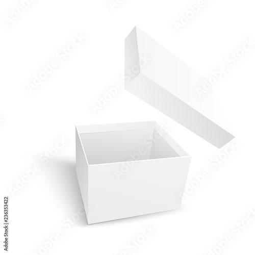 Empty open white paper box with flying cover in realistic 3d style isolated on white background - vector illustration of template or mockup for greeting and surprise design with carton package .