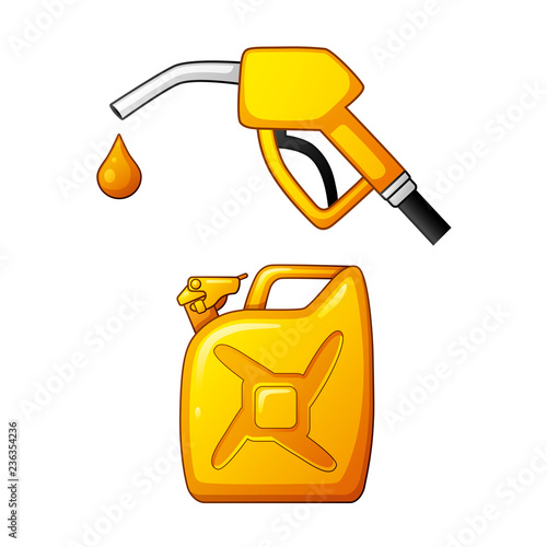Yellow fuel pump nozzle with drop and jerry can isolated