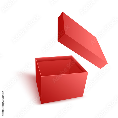 Open empty red paper box with flying cover in realistic 3d vector illustration isolated on white background - carton package for surprise and giving gift and present concept.