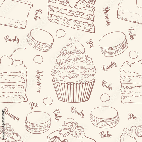 Cakes and cookies seamless pattern in outline sketch style - beautiful background with brown hand drawn outline bakery products. Tender texture with sweet desserts with fruits and berries.