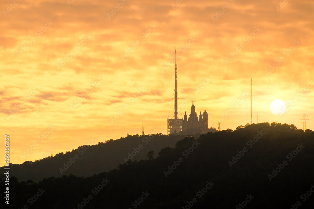 Sunset and the Tibidabo Silhouette in Barcelona - Spain