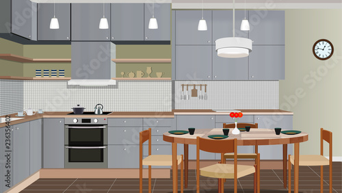 Kitchen interior background with furniture. Design of modern kitchen. Kitchen illustration