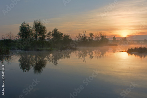 Misty morning over the lake in the summer