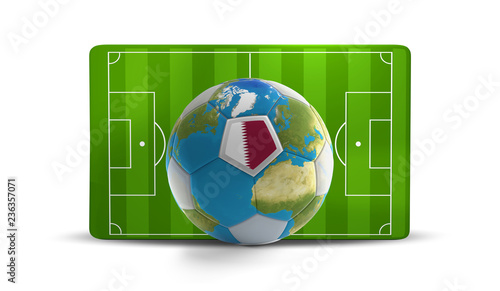 Fototapeta Naklejka Na Ścianę i Meble -  Qatar soccer field with soccer ball with world map 3d-illustration. elements of this image furnished by NASA