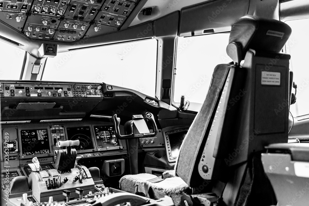 Inside of a cockpit, aircraft interior, cockpit view, pilot place