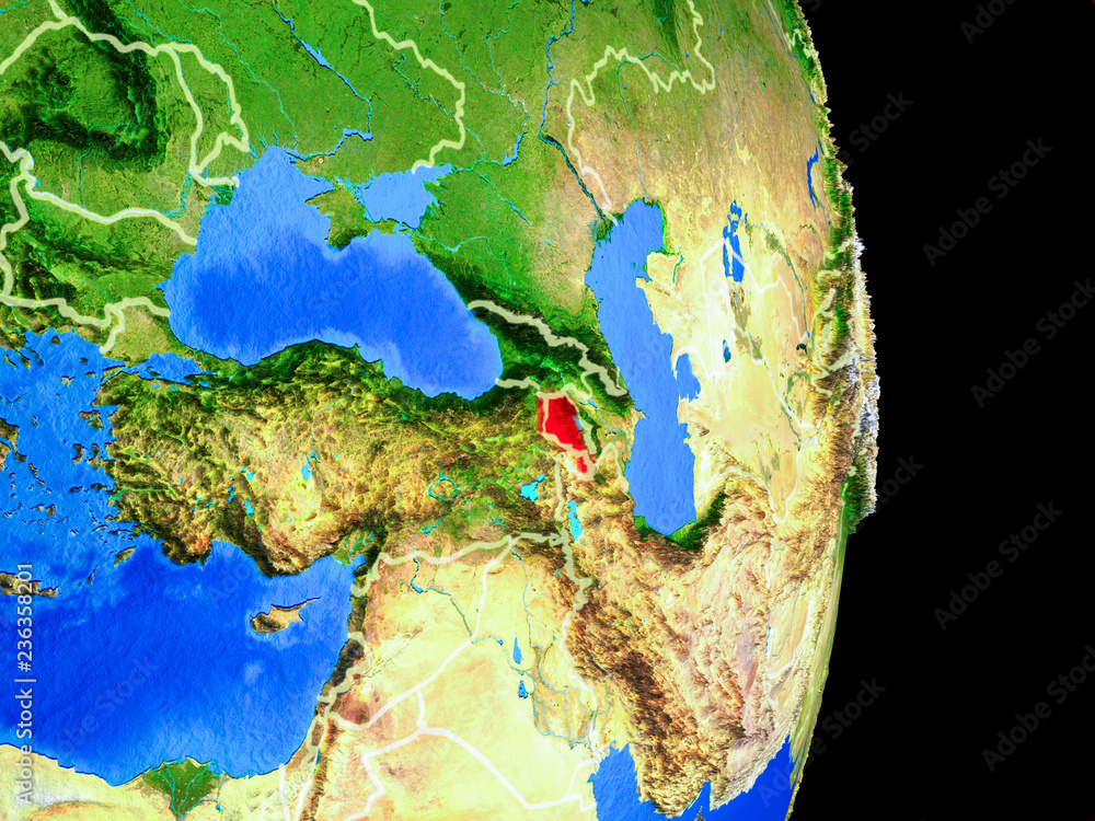 Armenia on realistic model of planet Earth with country borders and very detailed planet surface.