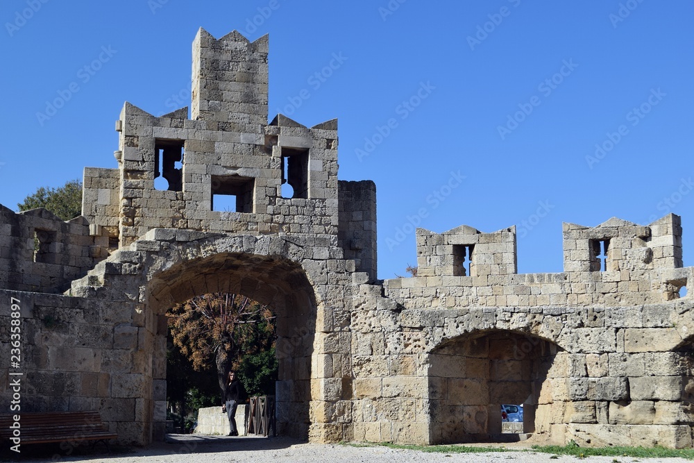 Ruins of a Catholic. Italian ancient architecture. Rhodes. Greece.
