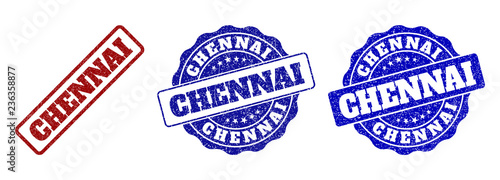CHENNAI scratched stamp seals in red and blue colors. Vector CHENNAI watermarks with grunge effect. Graphic elements are rounded rectangles, rosettes, circles and text captions.