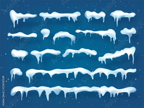 Realistic 3d snow, ice cap with shadow. Snowfall and snowflakes. Winter season. Christmas and New Year time.