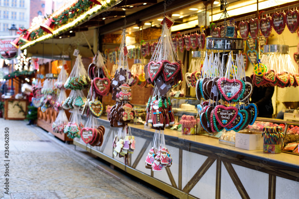 Fototapeta One of the most traditional sweet treats which are gingerbread pictured at the Christmas Market in Wroclaw