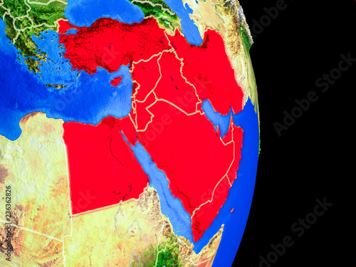 Middle East on realistic model of planet Earth with country borders and very detailed planet surface. © harvepino