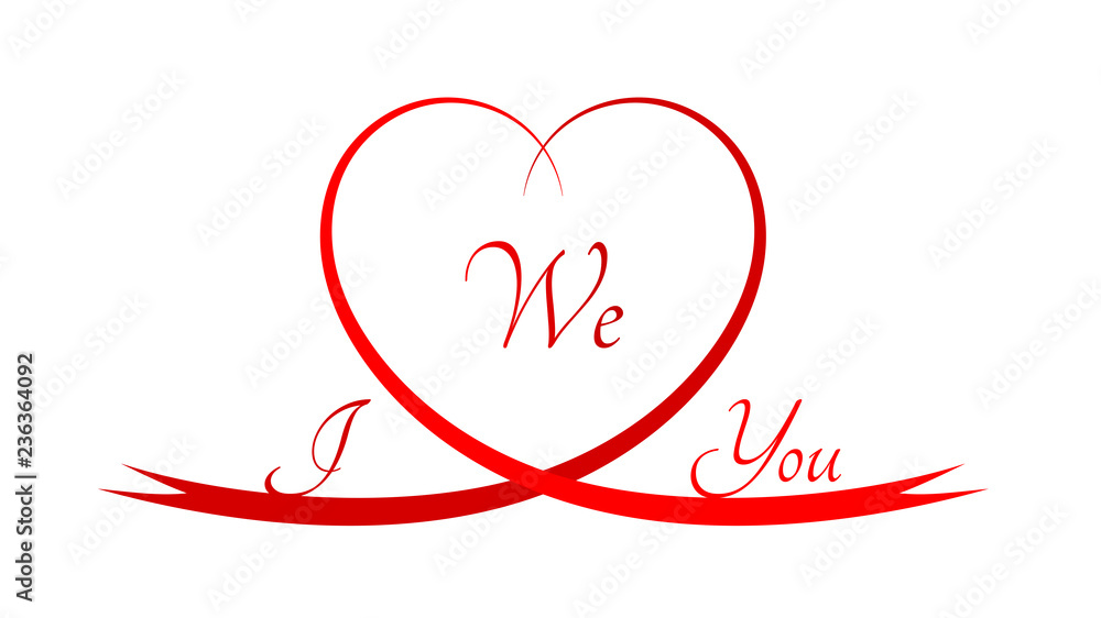 Ribbon in the shape of a heart with text. Red heart as a sign of love. Text in the heart and   on both sides of the heart. Red graphic for a banner, an advertisement or a website.
