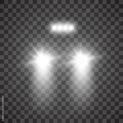 Car head lights shining from darkness background.Vector silhouette of car with headlights on black background. Easy light flash .Vector illustration.