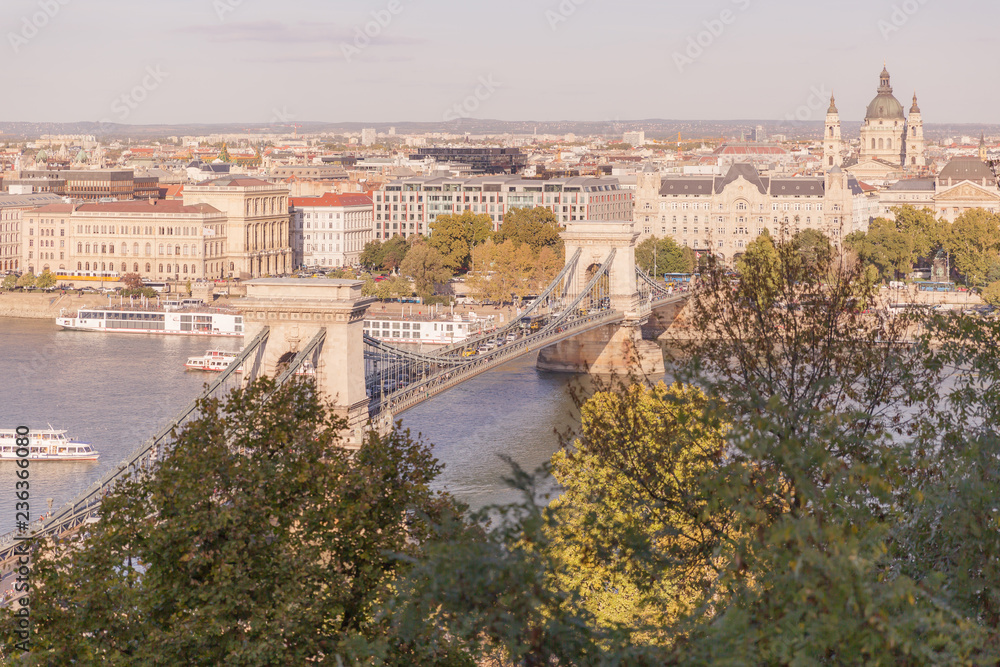 The Szechenyi Chain Bridge, Budapest, Hungary. View from the top of Buda Castle. 
