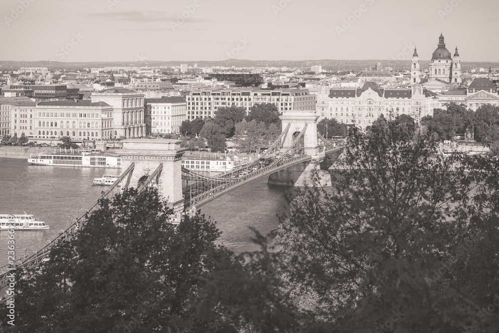 The Széchenyi Chain Bridge, Budapest, Hungary. Black and white view from the top of Buda Castle. 