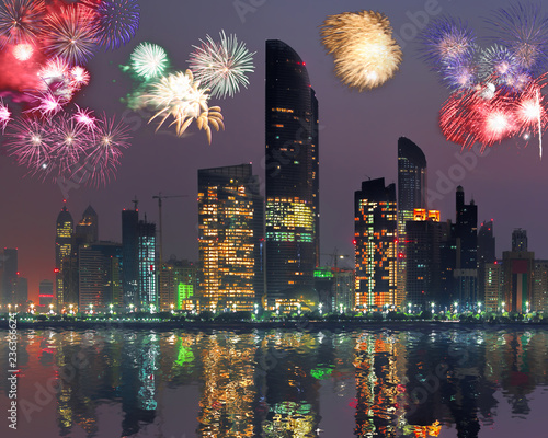 Photography Abu Dhabi with skyscrapers against fireworks in United Arab Emirates