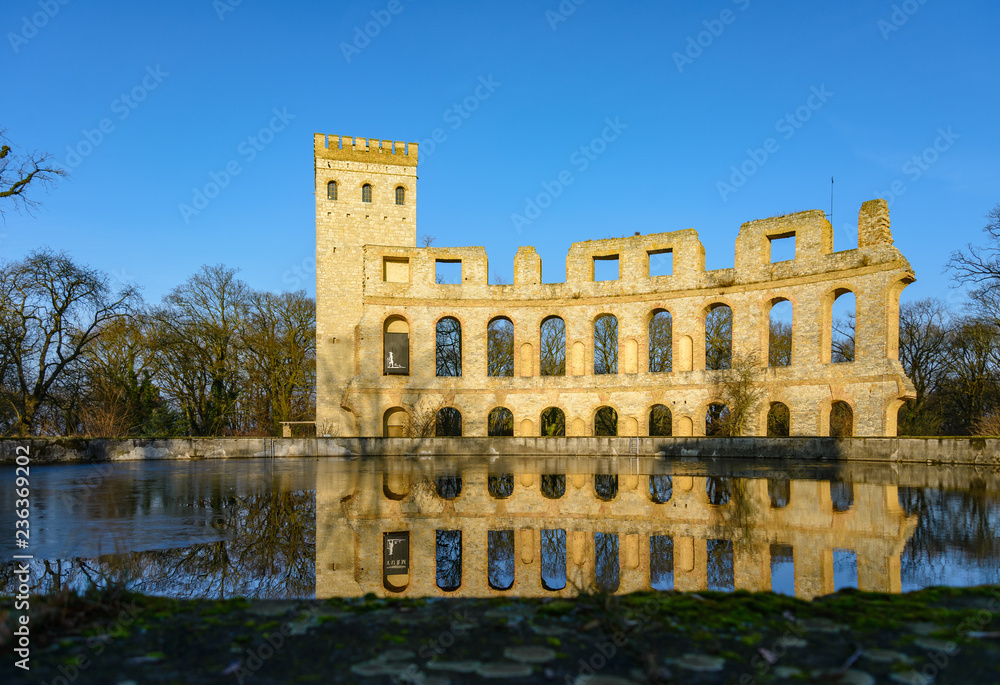 Outdoor scenery of remain ancient  doric temple and water basin ruin at Norman tower on the ruinenburg mountain, Normannischer Turm auf dem Ruinenberg,  in Potsdam, Germany in winter season.