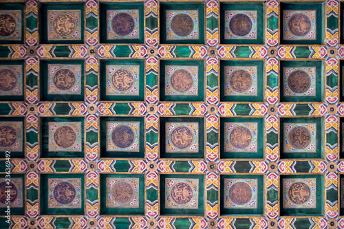 Intricate Chinese Architecture on The Ceiling of The Gate of Supreme Harmony (Taihemen) Forbidden City, Beijing, China photo