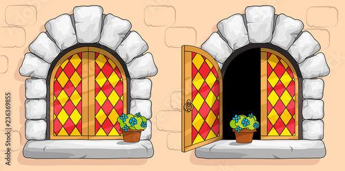 Medieval window, red stained glasses, white stones