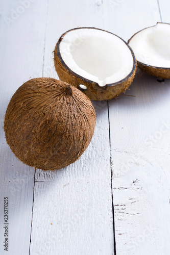 coconuts on white wood table background