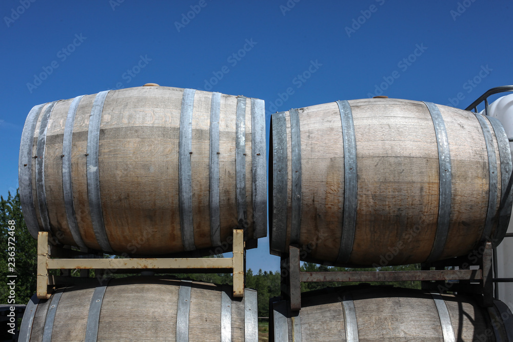 Stacked wine barrel with blue skyu