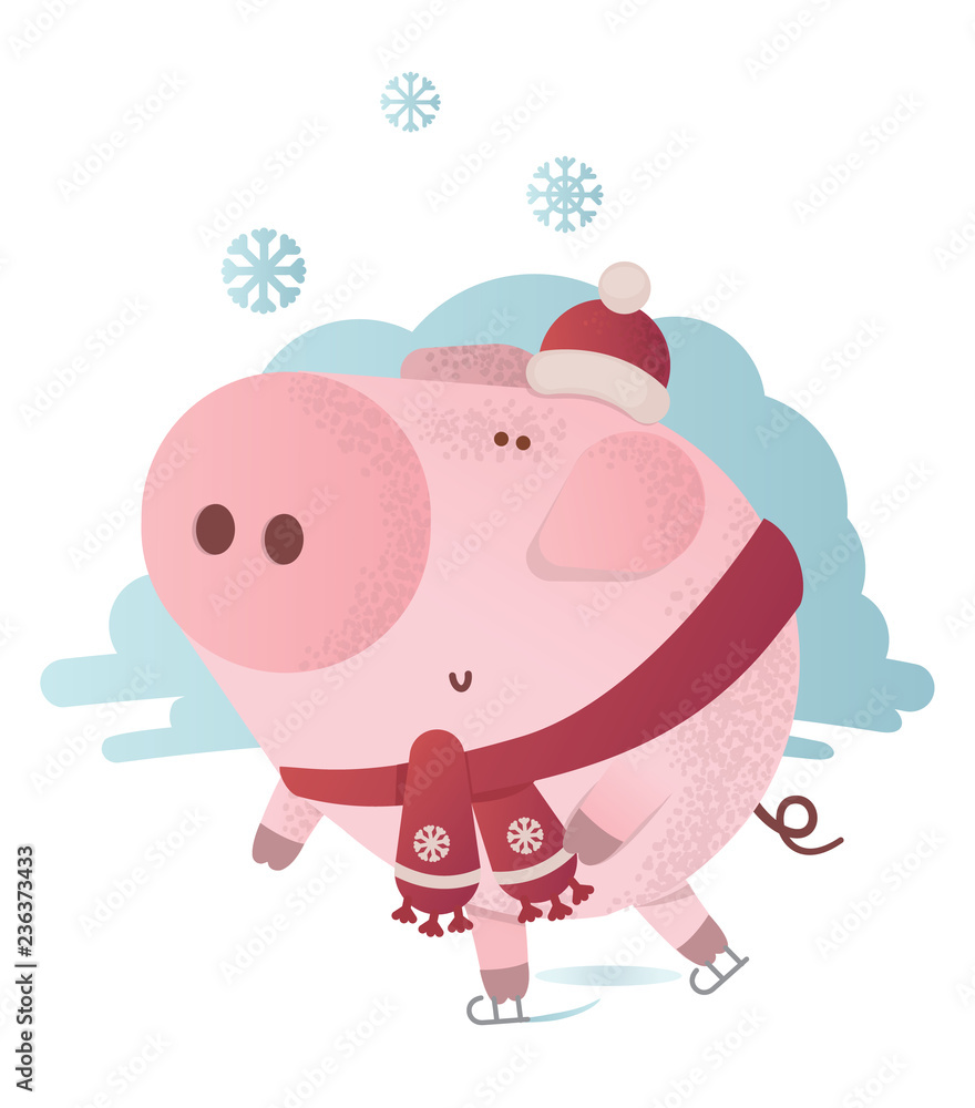 Obraz premium Cute pig skates in a winter scarf