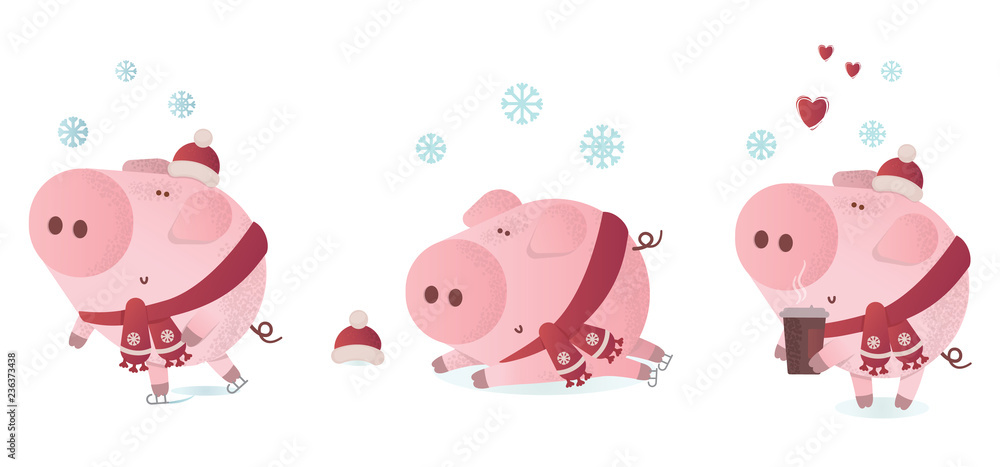 Vector illustration set of a cute pigs in a winter scarf