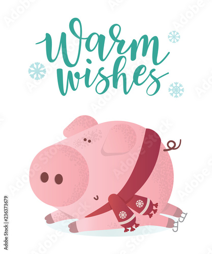 Warm wishes banner. Cute pig in winter scarf
