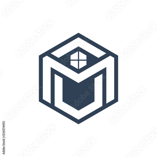 letter m hexagonal house brand logo 