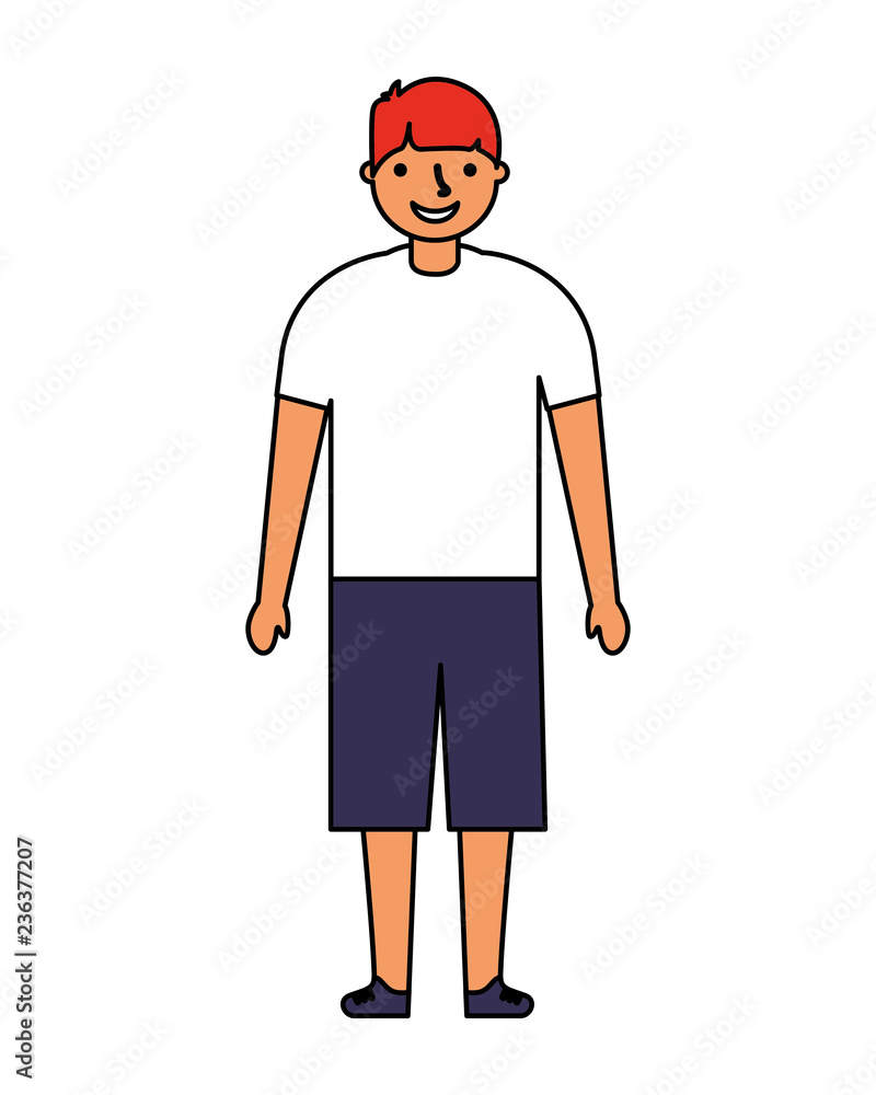 young boy standing on white background