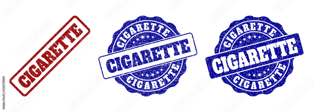 CIGARETTE scratched stamp seals in red and blue colors. Vector CIGARETTE marks with grunge style. Graphic elements are rounded rectangles, rosettes, circles and text titles. CIGARETTE scratched stamp seals in red and blue colors. Vector CIGARETTE marks with grunge style. Graphic elements are rounded rectangles, rosettes, circles and text titles.