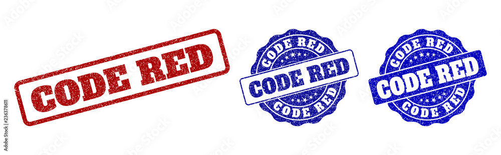 CODE RED scratched stamp seals in red and blue colors. Vector CODE RED labels with grunge style. Graphic elements are rounded rectangles, rosettes, circles and text labels. CODE RED scratched stamp seals in red and blue colors. Vector CODE RED labels with grunge style. Graphic elements are rounded rectangles, rosettes, circles and text labels.