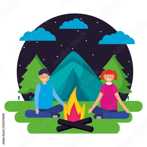 boy and girl tent forest night camping