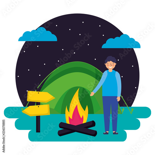 boy tent bonfire night camping